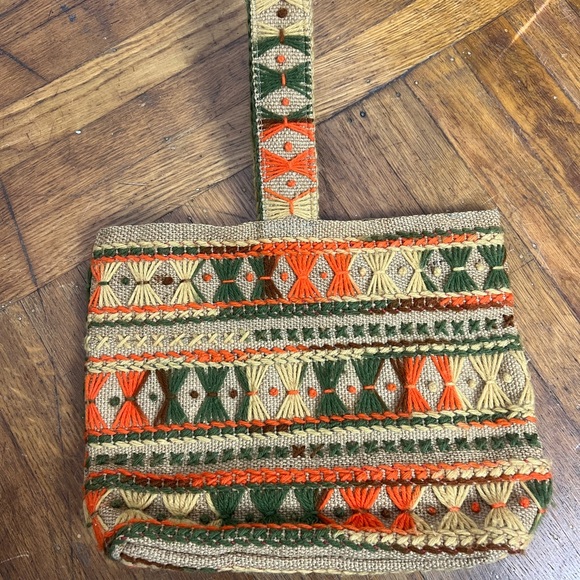 70’s VINTAGE Handcrafted Natural Burlap Multicolor Yarn Handbag Purse Tote Bag - Picture 2 of 10